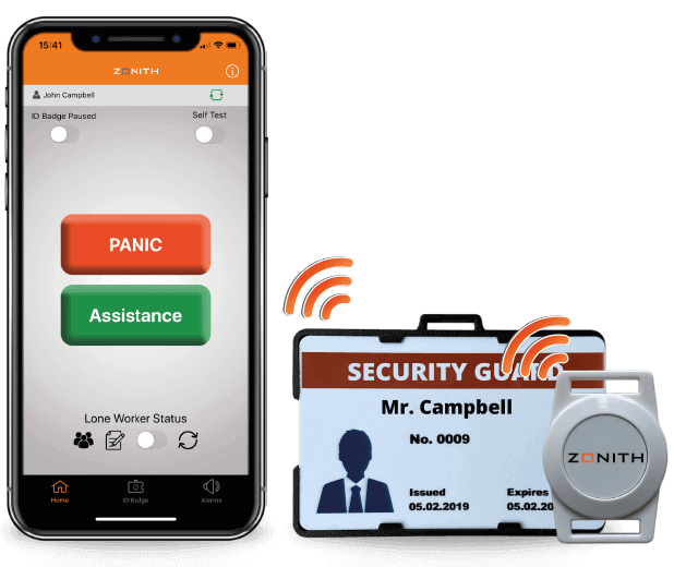 ZONITH-App-connected-with-ID-Badge-or-Compact-Panic-Button